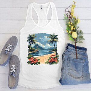 Tropical Beach Racerback Tank Top - Summer Vacation Top, Floral Tank for Women